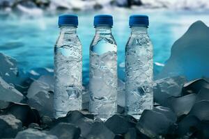 ai gerado refrescante calafrio água garrafa apresentado em uma pano de fundo do gelo foto