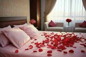 ai gerado elegante gesto rosa pétalas em a cama adicionando uma toque do luxo e romance ai gerado foto