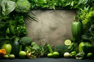 ai gerado concreto jardim quadro, Armação do fresco verduras com amplo cópia de espaço foto