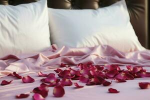 ai gerado hotel romance cama adornado com rosa pétalas criando uma romântico configuração ai gerado foto