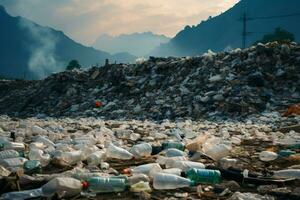 ai gerado de Meio Ambiente crise montanha do lixo, simbolizando poluição e de Meio Ambiente prejuízo foto