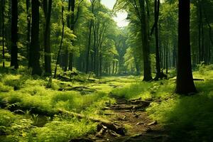 ai gerado diverso flora dentro uma exuberante verde floresta com alta majestoso árvores foto