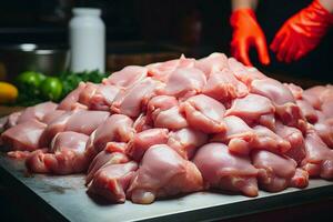 ai gerado aves de capoeira em processamento estágios do frango carne Produção ai gerado foto