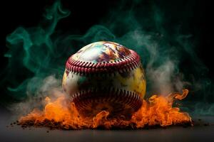 ai gerado esfumaçado fascinar colorida beisebol bola captura atenção contra uma misterioso pano de fundo foto