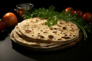 ai gerado indiano tradicional cozinha chapati em uma rústico de madeira fundo foto