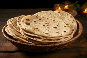 ai gerado chapati em de madeira fundo, representando autêntico indiano tradicional cozinha foto