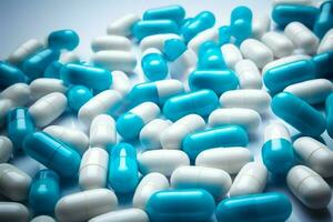 ai gerado farmacêutico elegância azul branco antibiótico cápsulas em uma branco fundo foto