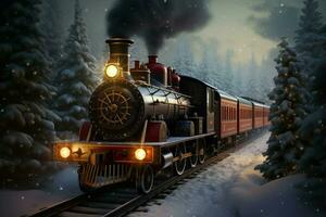 ai gerado Natal trem rolando através uma inverno país das maravilhas ai gerado foto