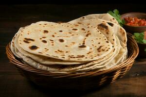 ai gerado autêntico indiano cozinha chapati exibido em uma rústico de madeira fundo foto