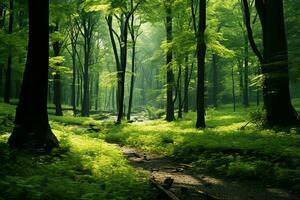 ai gerado Sol raios pausa através uma exuberante verde florestas denso coroa foto