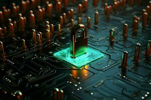 ai gerado segurança dentro circuitos microchips e iluminado cadeados em eletrônico borda foto