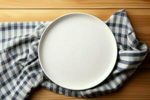 ai gerado simplicidade dentro jantar esvaziar branco prato bandeja em toalha de mesa topo foto