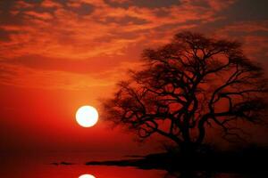 ai gerado naturezas tranquilidade volta Sol em vermelho pôr do sol céu com recortado árvore foto