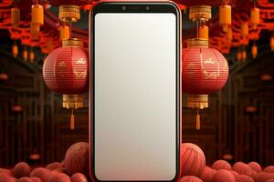 ai gerado contemporâneo 3d chinês Novo ano bandeira Smartphone, suspensão lanterna, celebração foto