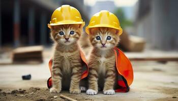 ai gerado dois gatinhos vestindo Difícil chapéus em uma construção local. generativo ai foto