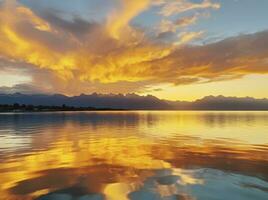 ai gerado brilhante pôr do sol sobre lago dourado nuvens refletir dentro a água. ai gerado. foto