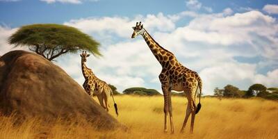 ai gerado girafas dentro a africano savana. serengeti nacional parque. África. Tanzânia. ai gerado foto