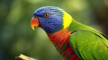 ai gerado lado Visão fechar-se do lindo e colorida Lorikeet verde cochilou pássaro. generativo ai foto