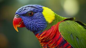 ai gerado lado Visão fechar-se do lindo e colorida Lorikeet verde cochilou pássaro. generativo ai foto