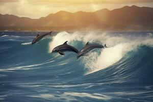 ai gerado brincalhão golfinhos pulando sobre quebra ondas. Havaí pacífico oceano animais selvagens cenário. generativo ai foto