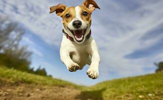 ai gerado jack Russel pároco cachorro corre em direção a a Câmera baixo ângulo Alto Rapidez tomada. ai gerado foto