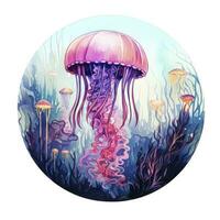 ai gerado medusa dentro a embaixo da agua panorama dentro uma círculo. ai gerado foto