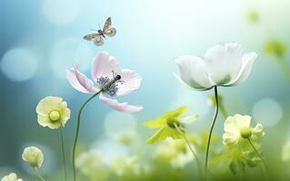 ai gerado fresco Primavera manhã em natureza e tremulando borboletas em uma suave verde fundo. generativo ai foto