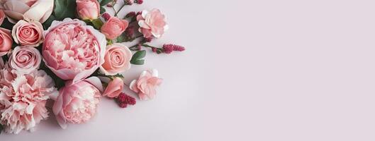 ai gerado fresco grupo do Rosa peônias e rosas com cópia de espaço. ai gerado foto
