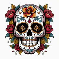 ai gerado mexicano rosas crânio. mexicano rosas crânio. dia de los muertos shugar colorida cabeça. ai gerado foto