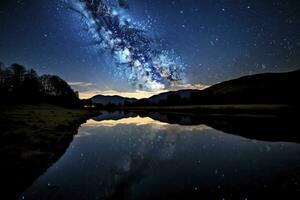 ai gerado leitoso caminho refletido em lago. ai gerado foto