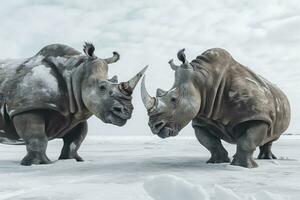ai gerado dois rinoceronte obtendo pronto para luta em gelo. ai gerado foto