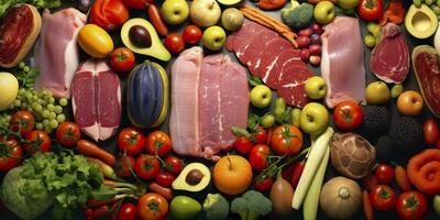 ai gerado diferente tipos do carnes, vegetais, e frutas deitar dentro supermercados. generativo ai foto