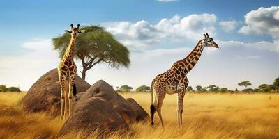 ai gerado girafas dentro a africano savana. serengeti nacional parque. África. Tanzânia. ai gerado foto