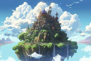 ai gerado antigo celestial flutuando ilha dentro a céu com uma castelo, vibrante, fantasiapunk, ai generativo foto