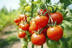 ai gerado fresco grupo do vermelho natural tomates em uma ramo dentro vegetal jardim. ai gerado foto