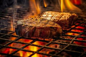 ai gerado carne grelhar em uma carvão grade com fumaça ascendente. ai gerado foto