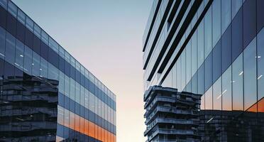 ai gerado dois moderno edifícios com vidro janelas. arquitetura Projeto do edifícios. ai gerado foto