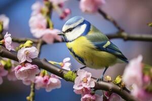 ai gerado uma bluetit pássaro em repouso em a ramo do uma árvore. ai gerado. foto