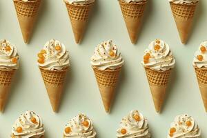 ai gerado incorporar uma variedade do waffle cones com diferente gelo creme sabores. ai gerado foto