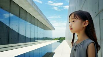 ai gerado pequeno menina em pé dentro frente do uma construção foto