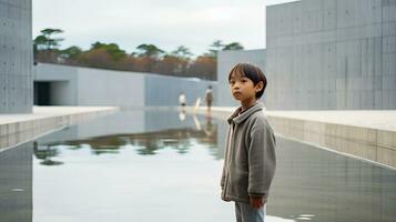 ai gerado jovem Garoto dentro frente do refletindo piscina foto