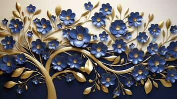 ai gerado elegante ouro e real azul floral árvore com folhas e flores suspensão galhos ilustração fundo. ai gerado. foto