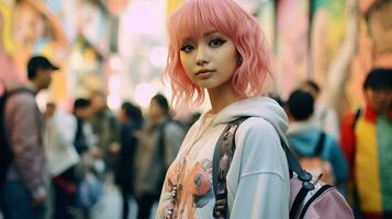 ai gerado cabelo rosa mulher em pé dentro uma lotado rua foto