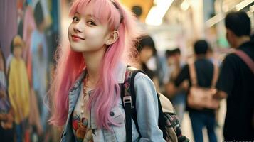 ai gerado uma mulher com Rosa cabelo e uma mochila foto