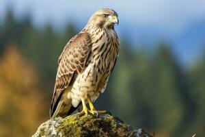 ai gerado Falcão sentado em Rocha olhando para presa. ai gerado foto