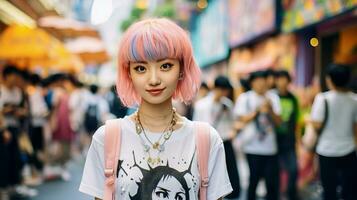 ai gerado vibrante mulher com Rosa cabelo e branco camisa foto