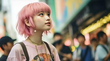 ai gerado uma vibrante menina com Rosa cabelo e uma Rosa camisa foto