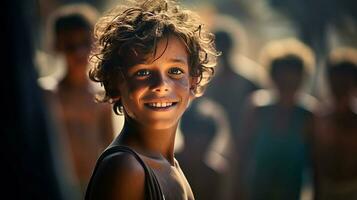 ai gerado jovem Garoto com encaracolado cabelo sorridente foto