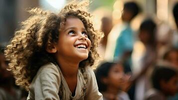 ai gerado cabelo encaracolado menina sorridente e olhando acima foto