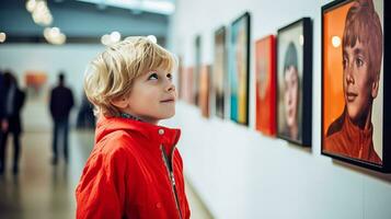 ai gerado jovem Garoto absorta dentro parede arte foto